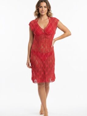 Miss Kelly Red Swimsuit Cover Up- Crochet/Knit Dress